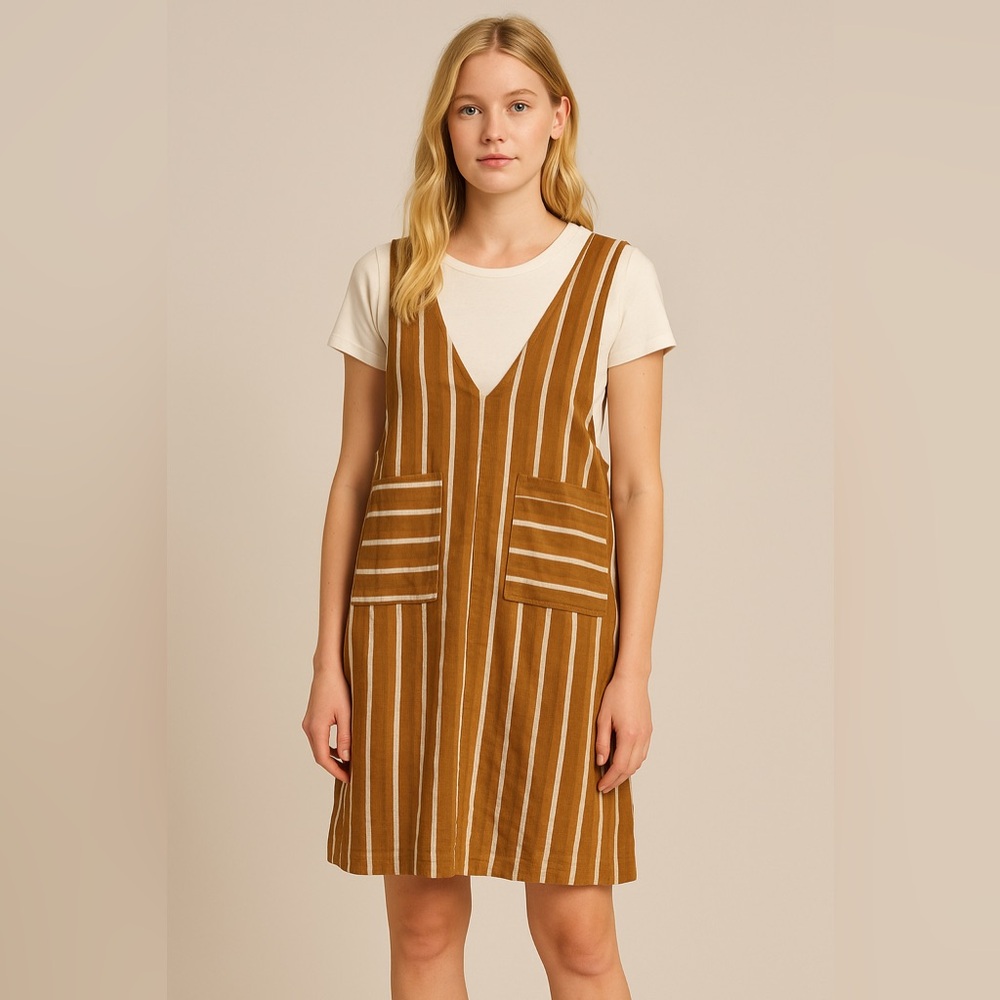 Vintage-Inspired Striped Linen Pinafore Deep V-Back Pocket Apron Dress Layering